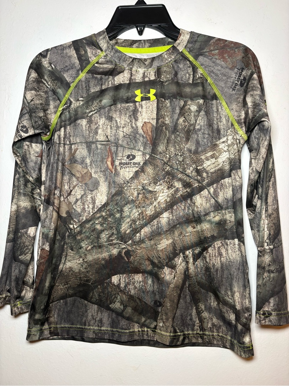 Under Armour Mossy Oak Camo Long Sleeve Shirt with Neon Yellow Accents